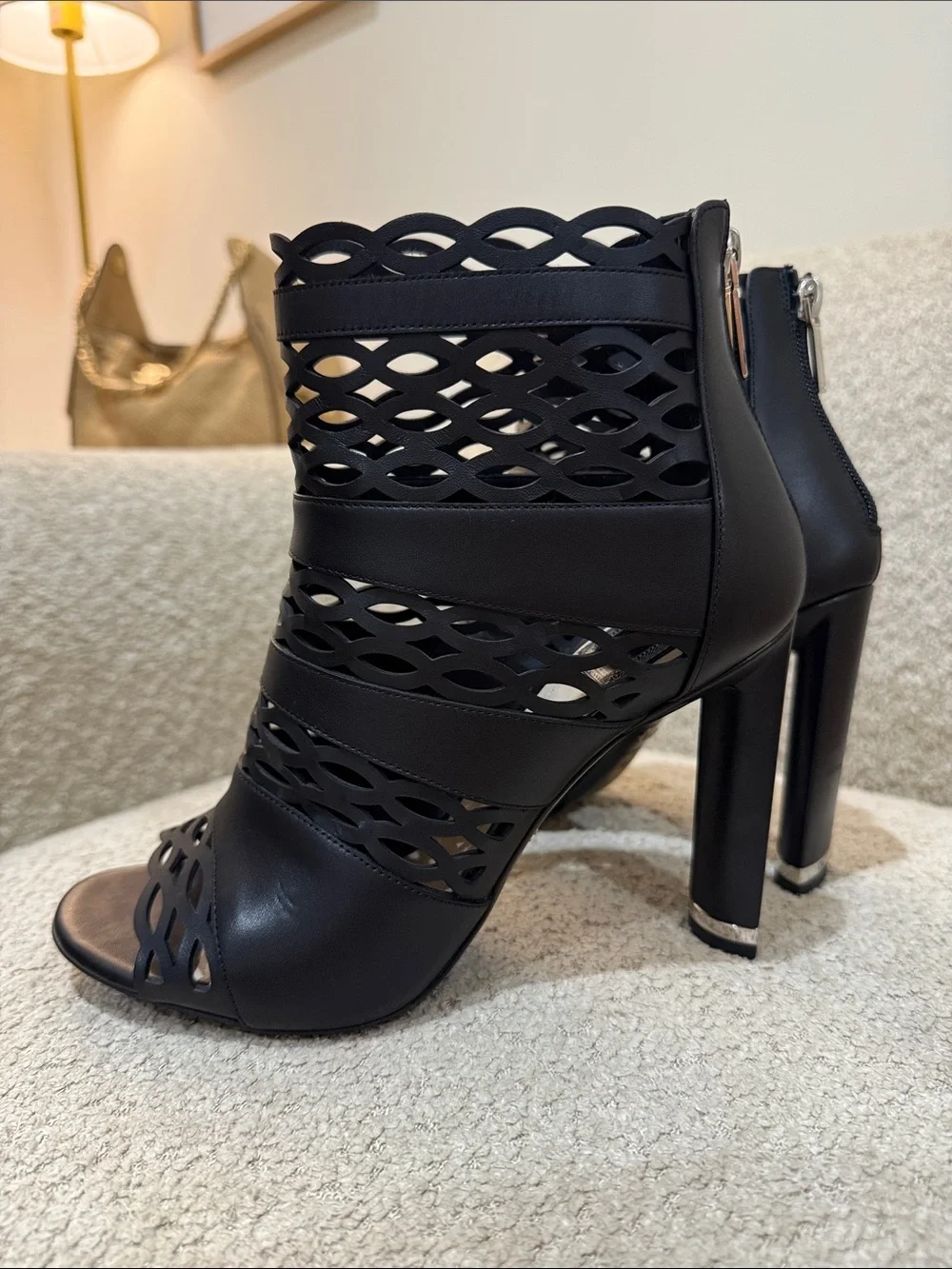 Christian Dior Black Laser-Cut Peep-Toe High Heel Booties - Picture 7 of 9